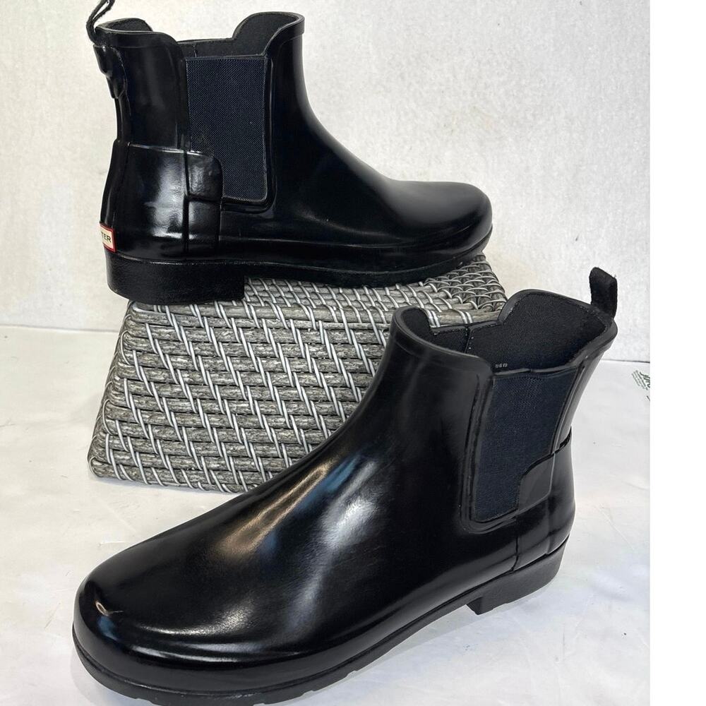 Hunter Womens Black Refined Slim-Fit Gloss Ankle Chelsea Boots Size US 10